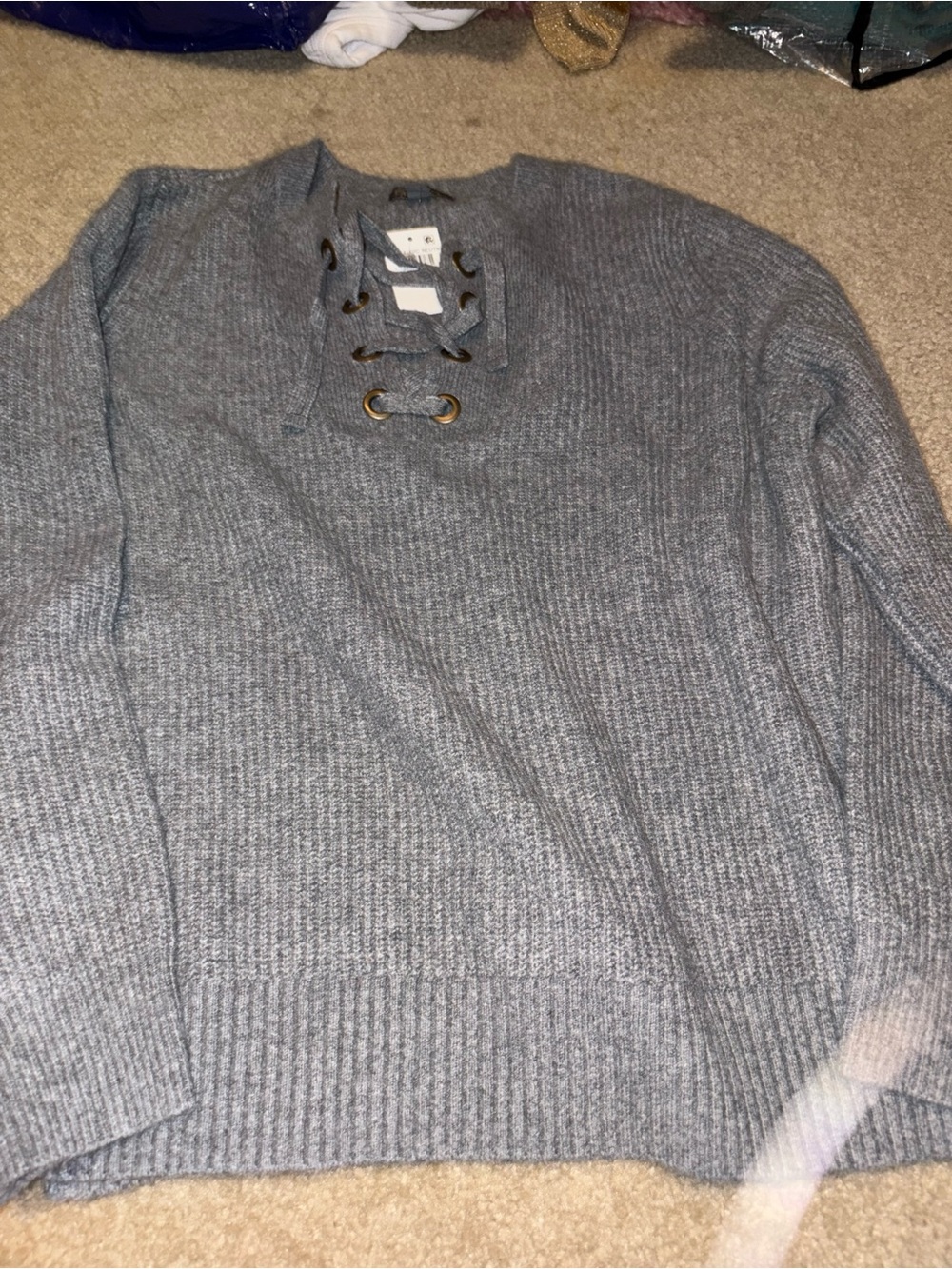 NWT Womens  Grey Women's Lace-Up Long-Sleeve Sweater Style Co. Medium
